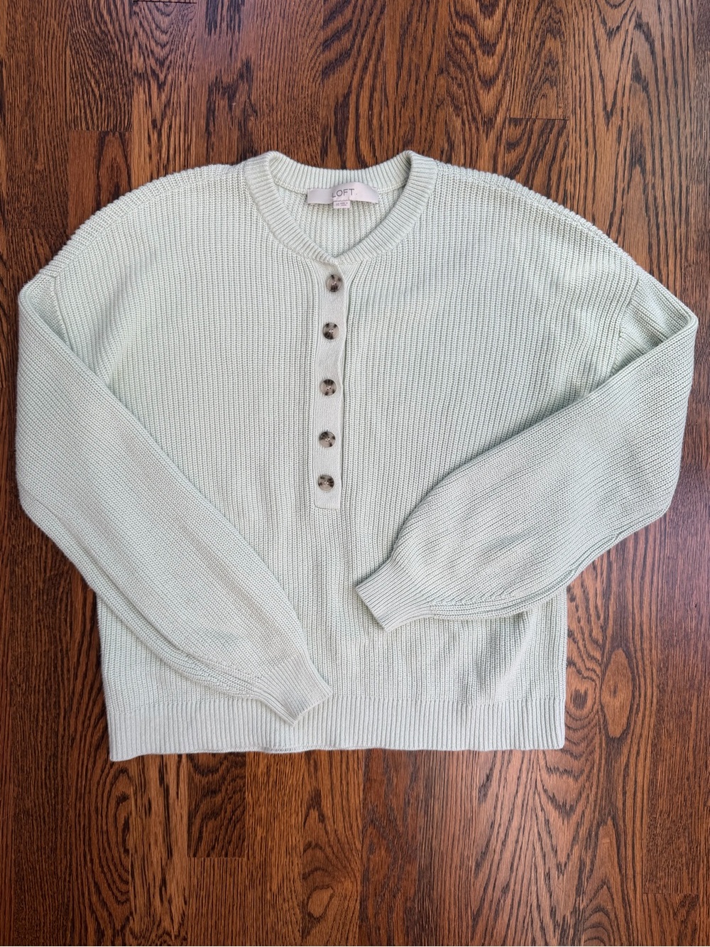 LOFT Mint Green Button Henley Cotton Chunky Fall Summer Cozy Crew Neck Sweater